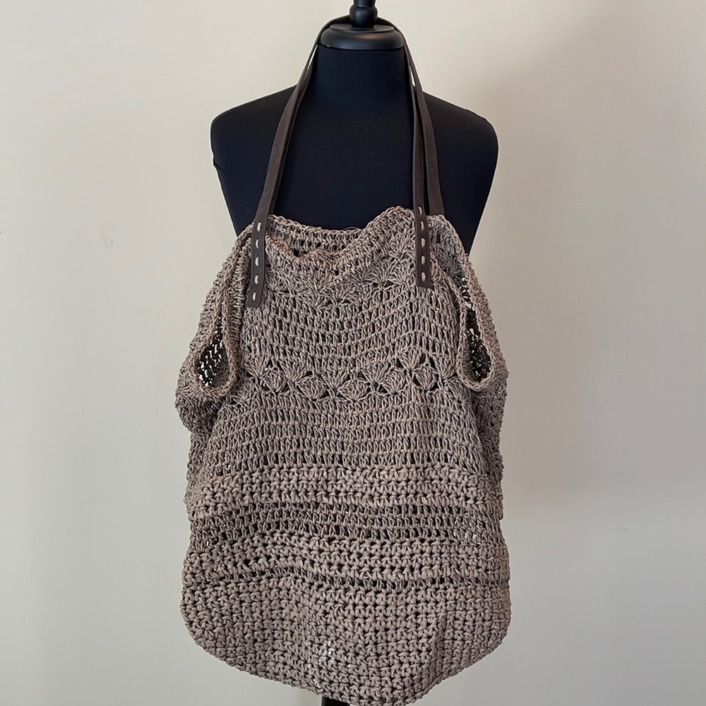 Merona Crochet Tote Bag in Taupe with Dark Brown Straps